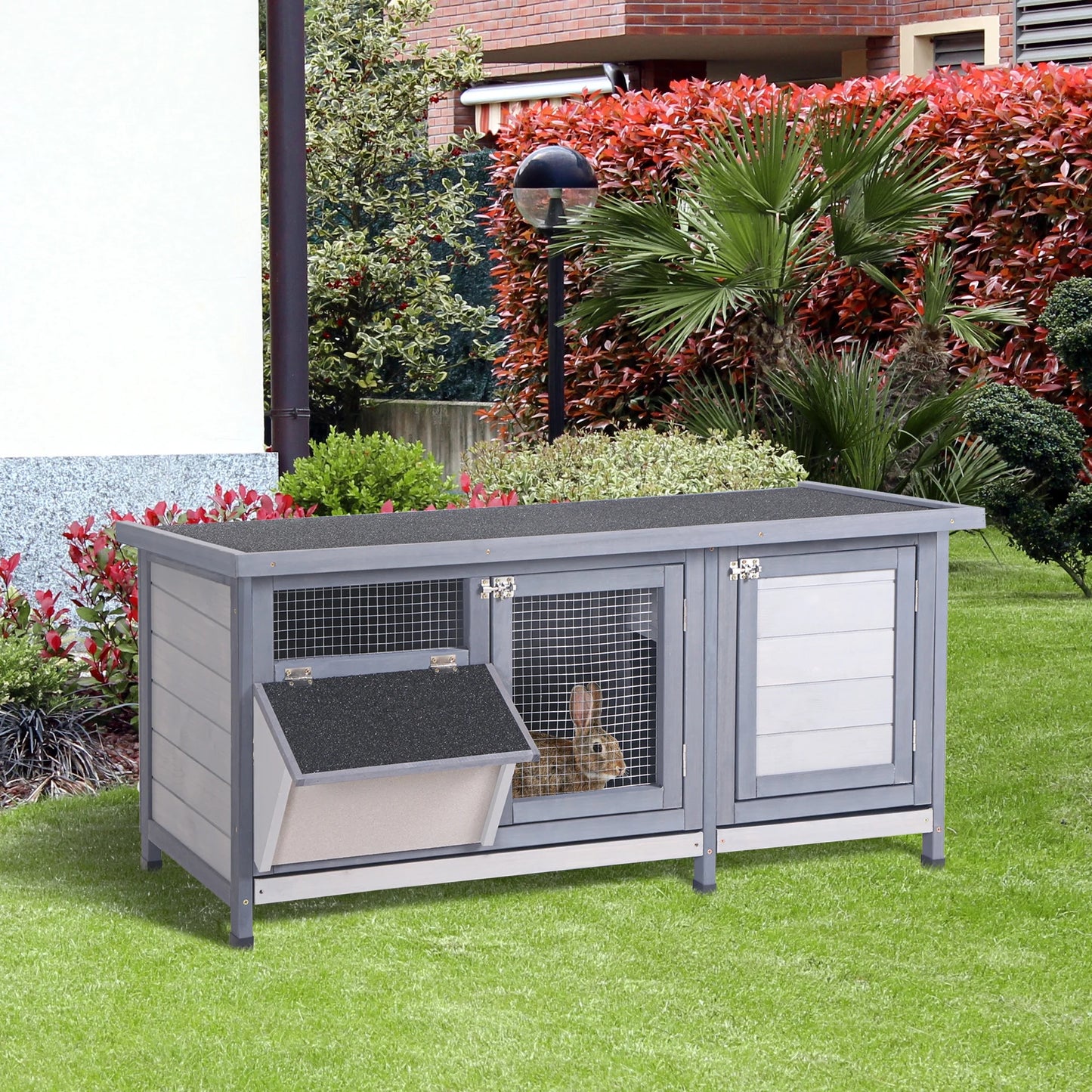 Wooden Rabbit Hutch Bunny Hutch Cage Guinea Pig with Waterproof Roof, No Leak Tray and Feeding Trough, Indoor/Outdoor, Natural