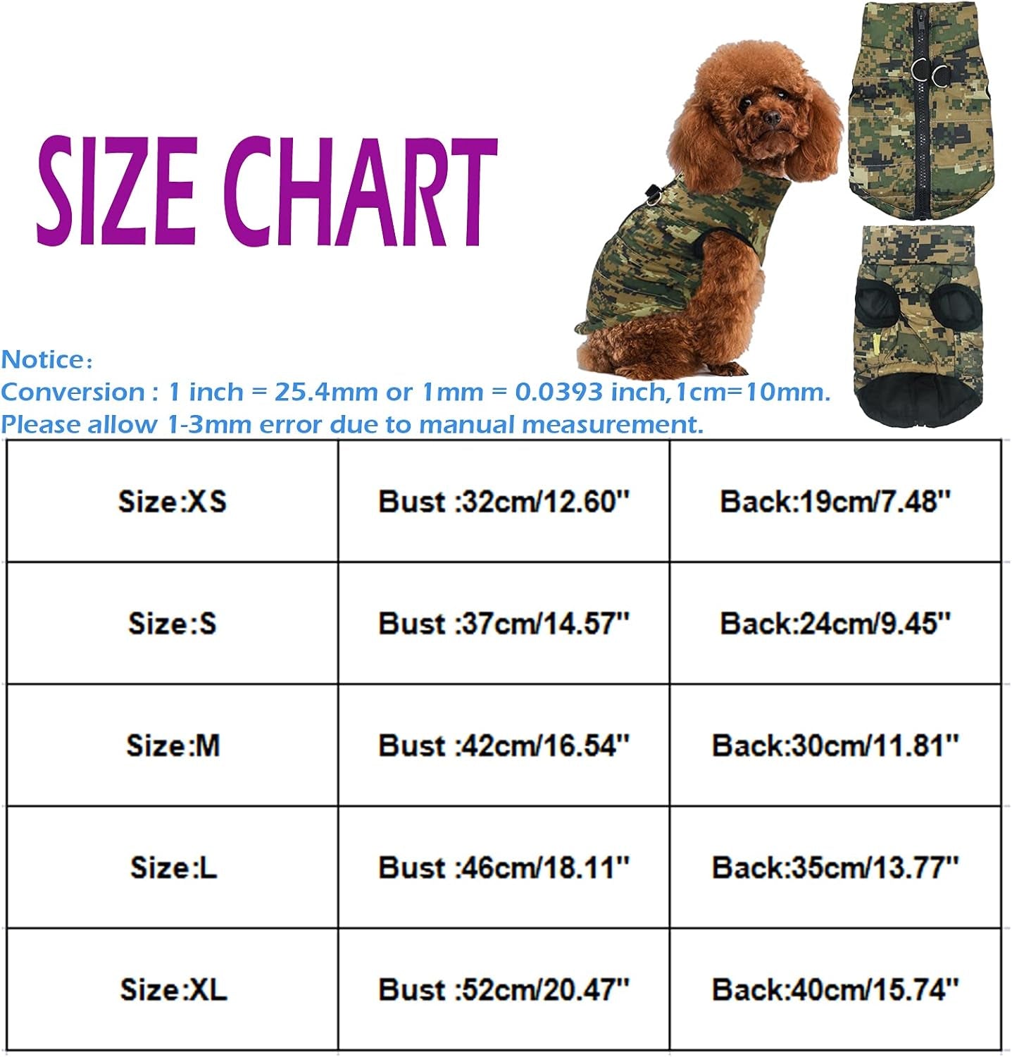 Pet Camouflage Cold Weather Coat, Small Dog Vest Harness Puppy Winter Padded Outfit Warm Garment